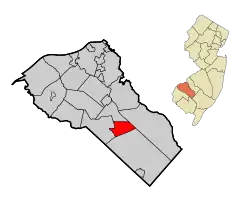 Location of Clayton in Gloucester County highlighted in red (left). Inset map: Location of Gloucester County in New Jersey highlighted in orange (right).