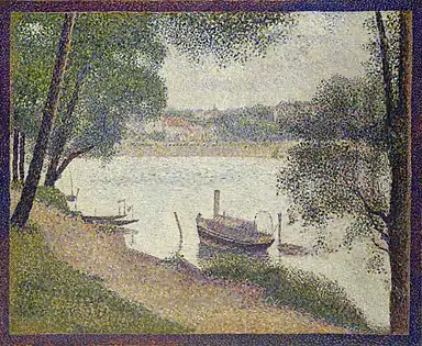 Georges Seurat, Gray Weather, Grande Jatte (1888, 71 × 66&nbsp;cm, oil on canvas, Metropolitan Museum of Art). In a similar manner to the van Ruisdael piece, the tree that takes up the entire right edge of this work is an example of repoussoir.