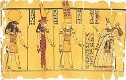 Ramesses III talking with the Theban Triad: Amun, Mut and Khonsu. The ‘Great Harris Papyrus’ at the British Museum, c. 1150 BC. Image taken from the book The Search for Ancient Egypt (p.&nbsp;91) by Jean Vercoutter.