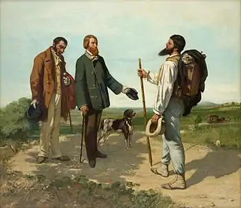 Gustave Courbet, 1854, Bonjour, Monsieur Courbet. The artist has travelled to the South of France (in the vanishing coach), to meet the collector Alfred Bruyas, for whom this was painted.