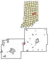Location of Shirley in Hancock County and Henry County, Indiana.