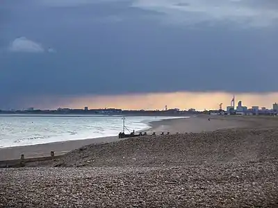 Image 9Hayling Island's mainly shingle beach with Portsmouth's Spinnaker Tower beyond (from Portal:Hampshire/Selected pictures)