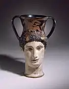 Iliupersis Painter (South Italy, active 375–350 BC), Head-Kantharos of a Female Faun or Io (?), red-figure pottery