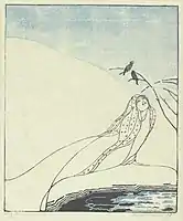 Fantasy Figure and Two Birds, color woodcut