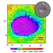 Hellas Basin Area topography. Crater depth is 7152 m (23,000&nbsp;ft) below the standard topographic datum of Mars.