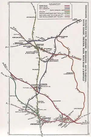 Railway lines around Hemsworth and South Emsall; Moorthorpe, Hickleton, Bolton-upon-Dearne, and Swinton in 1910