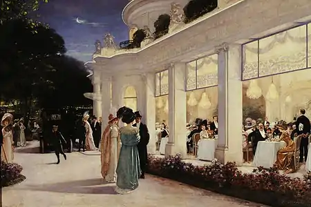 The restaurant Pré Catalan in the Bois de Boulogne (1905), like department stores of the period, had plate glass windows from floor to ceiling.  Painting by Alexandre Gervex (1909).