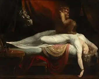 John Henry Fuseli, The Nightmare (1781), oil on canvas, 101.6&nbsp;cm × 127&nbsp;cm., Detroit Institute of Arts