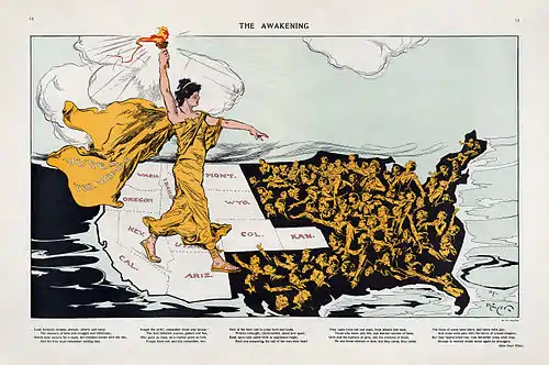 Image 4Henry MayerCartoon credit: Henry Mayer; restored by Adam CuerdenThis is a cartoon by the German-American cartoonist and animator Henry Mayer (1868–1954), entitled The Awakening, which first appeared in the magazine Puck in February&nbsp;1915. Published in support of women's suffrage in the United States, the cartoon depicts Lady Liberty wearing a cape labeled "Votes for Women" and standing astride the states (colored white) that had granted women the right to vote. A poem by Alice Duer Miller is printed beneath.More selected pictures