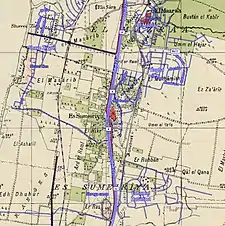 The area in a 1940s Survey of Palestine map, with the modern locations overlaid. The two pre-existing villages of Al-Sumayriyya and Mazra'a can be seen