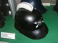 German fireman’s helmet (specialist electrician), ca. 1910, containing no metal parts at all.