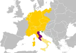 The Holy Roman Empire at its greatest territorial extent imposed over modern borders, c. 1200–1250