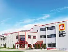 White and red warehouse building against a blue sky with signage reading Home Hardware Dealer Support Centre