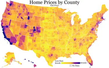 Home prices by county (2021): &nbsp; <$100,000; &nbsp; $200,000; &nbsp; $300,000; &nbsp; $400,000; &nbsp; $500,000; &nbsp; $600,000; &nbsp; $700,000+.