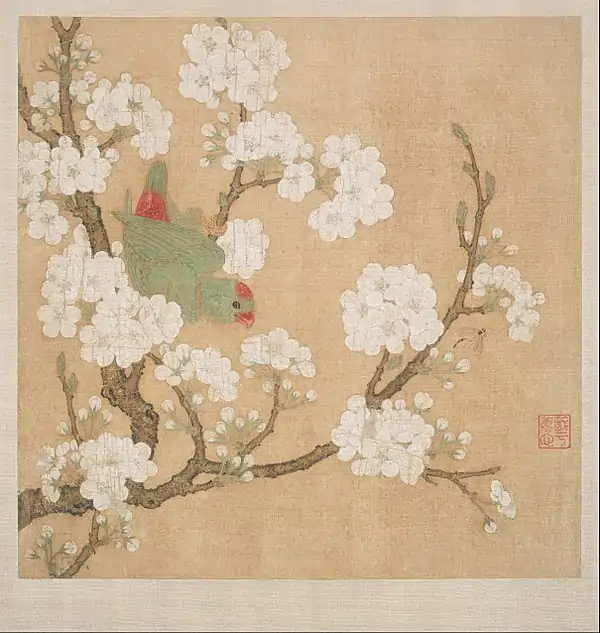 Parrot and insect among pear blossoms; by Huang Jucai; second half of the 13th century; ink and colour on silk; 27.6 × 27.6&nbsp;cm; Museum of Fine Arts (Boston)