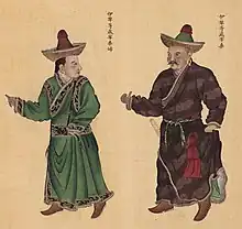 Oirat Choros tribal leader (Zaisang, 宰桑) from Ili, with his wife. Huang Qing Zhigong Tu, 1769.