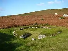 Prehistoric hut remains on the lower slopes