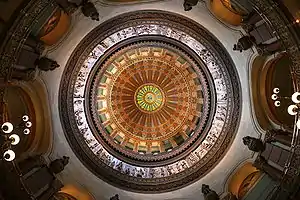 Image 48The dome of the Illinois State Capitol.  Designed by architects Cochrane and Garnsey, the dome's interior features a plaster frieze painted to resemble bronze and illustrating scenes from Illinois history. Stained glass windows, including a stained glass replica of the State Seal, appear in the oculus. Ground was first broken for the new capitol on March 11, 1869, and it was completed twenty years later. Photo credit: Daniel Schwen (from Portal:Illinois/Selected picture)