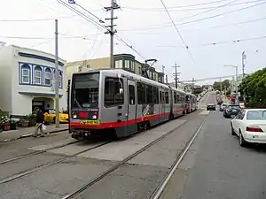 An inbound train at 15th Avenue and Taraval, 2018