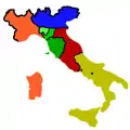1859: &nbsp;&nbsp;Kingdom of Sardinia &nbsp;&nbsp;Kingdom Lombardy–Venetia &nbsp;&nbsp;Duchies Parma–Modena-Tuscany &nbsp;&nbsp;Papal States &nbsp;&nbsp;Kingdom of the Two SiciliesOn the eve of the Second Italian War of Independence
