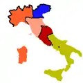 1860: &nbsp;&nbsp;Kingdom of Sardinia &nbsp;&nbsp;Kingdom Lombardy–Venetia &nbsp;&nbsp;United Provinces of Central Italy&nbsp;&nbsp;Papal States &nbsp;&nbsp;Kingdom of the Two Sicilies After the annexation of Lombardy and before the annexation of the United Provinces of Central Italy