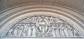 Tympanum on interior of entrance to Basilica at Lisieux. Shows Jesus with the Apostles and the Virgin of Mount Carmel.