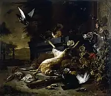 Jan Weenix, Still Life of Game including a Hare, Black Grouse, Partridge, Spaniel, and Pigeon in Flight (c. 1680), 157.2 × 182.2&nbsp;cm.