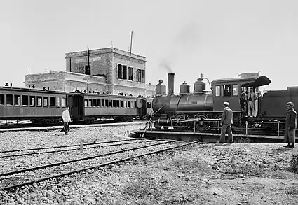 Image 5The Jerusalem Railway Station c. 1900. The locomotive on the turntable is "Ramleh" (J&J No. 3), a Baldwin 2-6-0. The station was the terminus of the Jaffa–Jerusalem railway until its closure in 1998. Today, the station is abandoned and suffering from neglect and vandalism, although it is one of 110 buildings selected for preservation in Jerusalem.