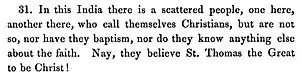 Catholic critical account of Saint Thomas Christians in India, written by Jordanus in 1329–1338 in Mirabilia Descripta.