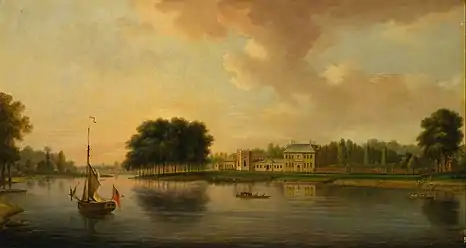 Painting of Orleans House, Twickenham by British artist Joseph Nickolls (1689–1789), circa 1750, held at the Yale Center for British Art
