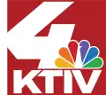 In a red box: a large white 4 with an open top, overlapped on the lower right by the NBC peacock. Beneath in white sans-serif text are the letters K T I V.