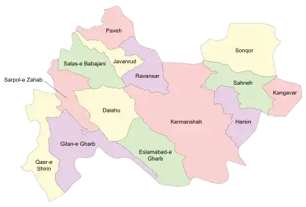 Location of Gilan-e Gharb County in&nbsp;Kermanshah&nbsp;province (bottom, purple)
