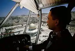 King Hussein of Jordan flying over the Temple Mount in East Jerusalem when it was under Jordanian control, 1965