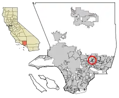 Location of Mayflower Village in Los Angeles County, California.