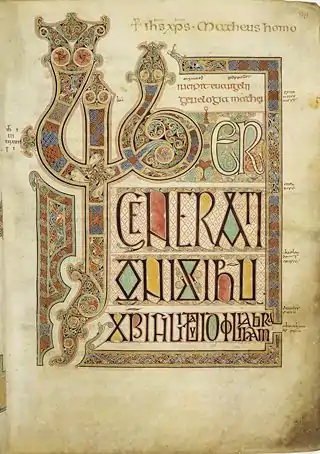 Folio 27r from the Lindisfarne Gospels (c. 700) contains the incipit from the Gospel of Matthew