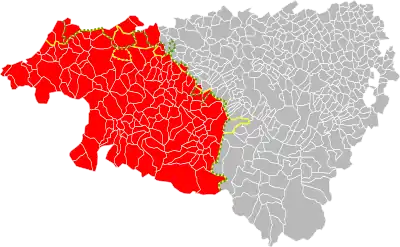 A map showing the border of Occitania which runs through the Pyrénées-Atlantiques department. Also shown are the Agglomeration Community of the Basque Country and the historical Basque provinces. The three borders roughly coincide but are not identical.