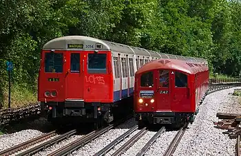 Image 34London Underground A60 Stock (left) and 1938 Stock (right) trains showing the difference in the sizes of the two types of rolling stock operated on the system. A60 stock trains operated on the surface and sub-surface sections of the Metropolitan line from 1961 to 2012 and 1938 Stock operated on various deep level tube lines from 1938 to 1988.