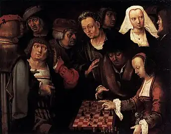 Image 30Lucas van Leyden, c. 1508, The Game of Chess, oil on oak, 27 x 35 cm, Gemäldegalerie, Berlin (from Chess in the arts)