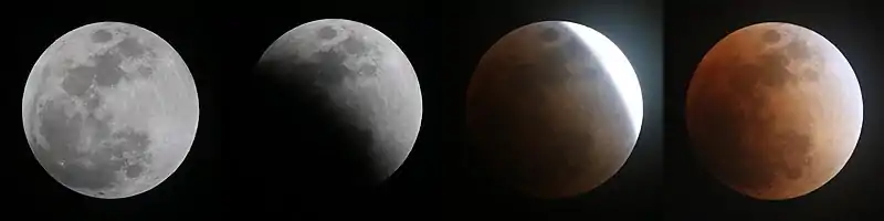 Example in Aichi Prefecture, Japan: Penumbral lunar eclipse 20:23 (JST)Partial lunar eclipse 21:13 (JST)Partial lunar eclipse 21:43 (JST)Total lunar eclipse (blood moon) 21:55 (JST)