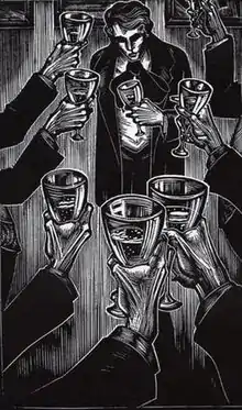 A black-and-white illustration.  Framed by arms raising wineglasses, a dark figure stands at the top of the image, his eyes in shadows and with a depressed expression on his face.