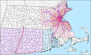 Image 49The MBTA Commuter Rail serves eastern Massachusetts and parts of Rhode Island, radiating from downtown Boston, with planned service to New Hampshire. The CTrail system operates the Shore Line East and Hartford Line, covering coastal Connecticut, Hartford, and Springfield, Massachusetts. (from New England)