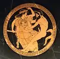 A Maenad using her thyrsos to ward off a Satyr, Attic red-figure kylix, c. 480 BC