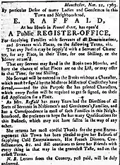 Advert for Raffald's register office for servants and their potential employers