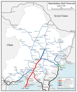 Map of Manchukuo and its rail network, c.&nbsp;1945