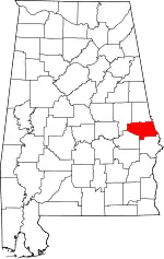 Map of Alabama highlighting Lee County