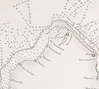 Abu Dhalouf as Boodeshoof in an 1824 map of the Qatar Peninsula based upon Brucks' research.