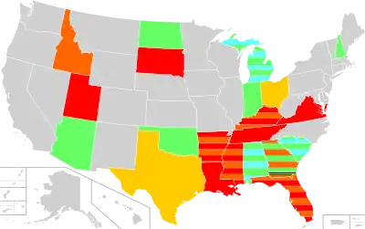 A map of U.S. states with display of the national motto in public schools and government buildings as of August 2021. Display of the motto is mandated in the schools of Florida, Mississippi, Louisiana, Arkansas, Tennessee, Kentucky, Virginia, South Dakota and Utah (Texas and Ohio also require such display if a copy of the motto is donated); it is allowed in Arizona, Oklahoma, North Dakota, Indiana, and New Hampshire. Michigan, Alabama and South Carolina also allow display in government buildings. Idaho, Kentucky and Arkansas require it in at least some of these, while Mississippi, Georgia and Florida may require insofar as it appears on their state symbols.