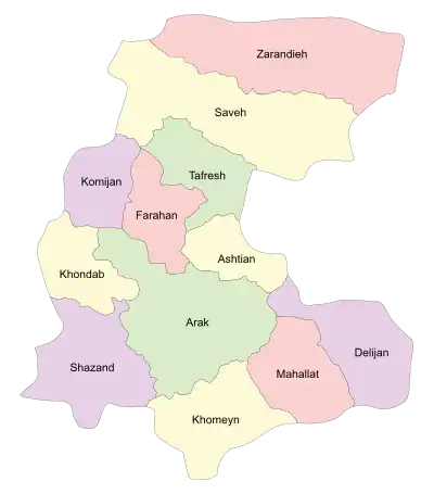 Location of Saveh County in Markazi province (top, yellow)