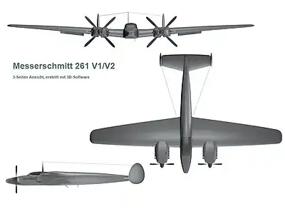 3D computer generated view of the Me 261 from the top, front and left sides.