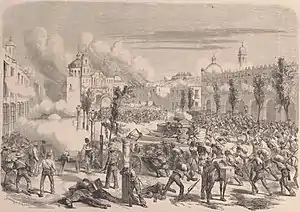 "Heroic defense of the Belgian battalion commanded by Major Tydgadt in Tacamburo, April 11, 1865." Draft by M. A. Martin representing the Battle of Tacámbaro.